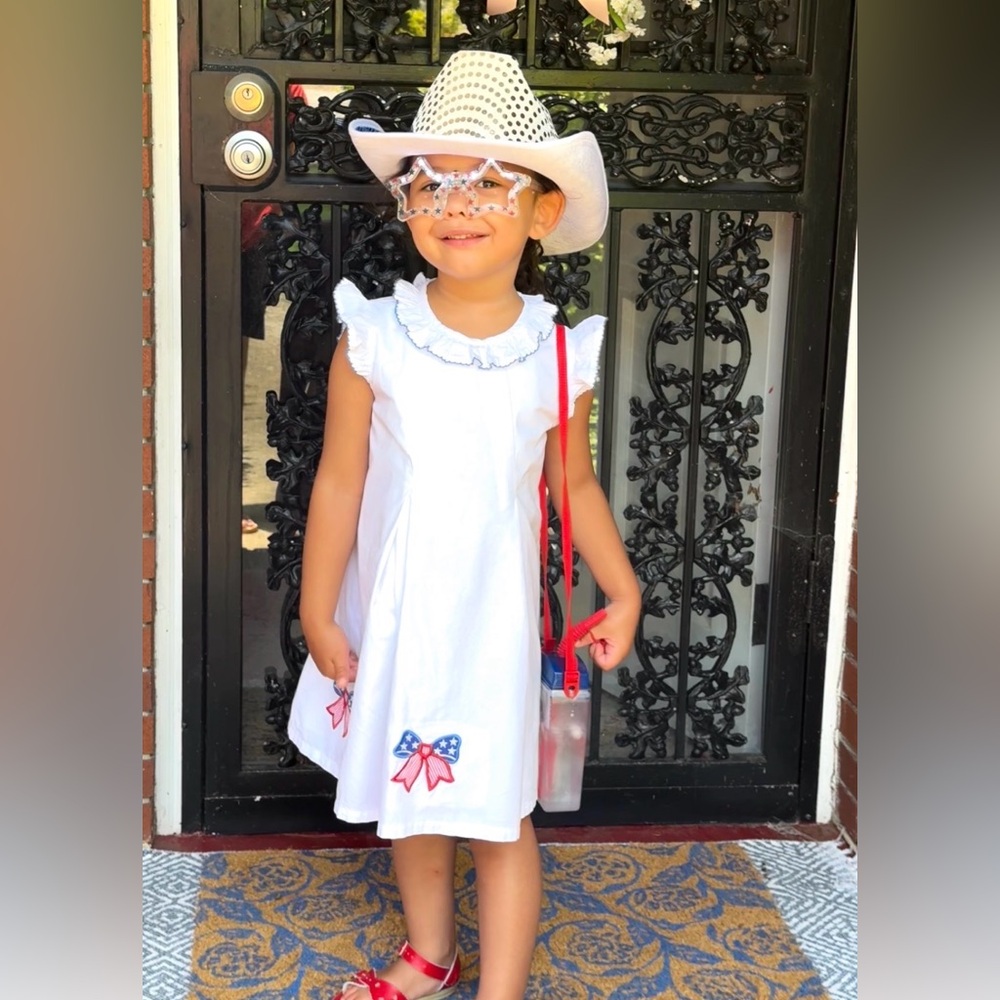 White Dress with American Flag in a bow  Embroidery
